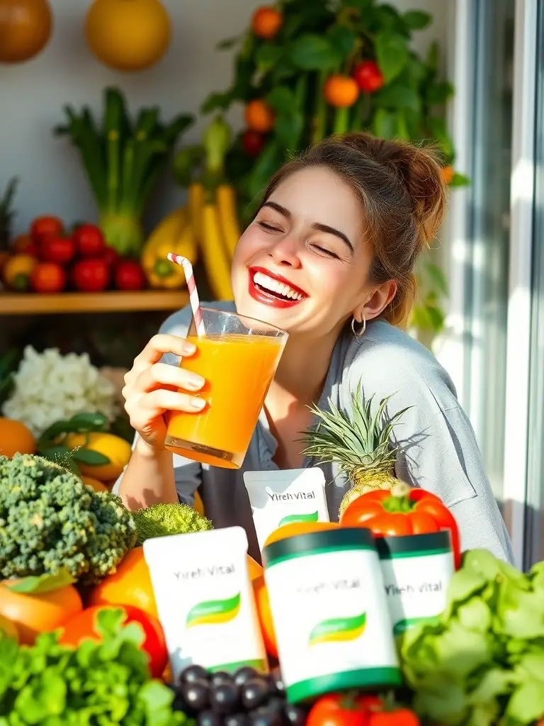A vibrant image of a person enjoying a healthy smoothie with various fruits and vegetables around them, highlighting the detoxifying and gut health benefits of Yireh Vital's products.
