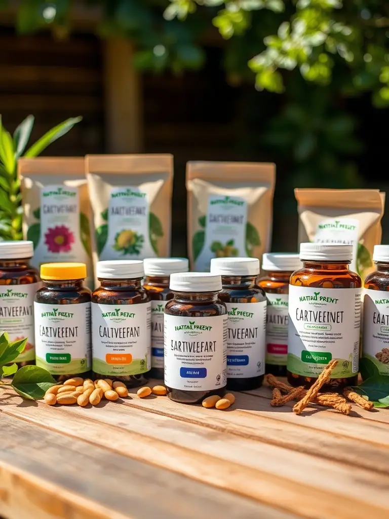 A close-up shot of various colorful capsules and tablets, representing Yireh Vital's range of natural supplements, placed on a bed of fresh green leaves, symbolizing natural ingredients and holistic health.