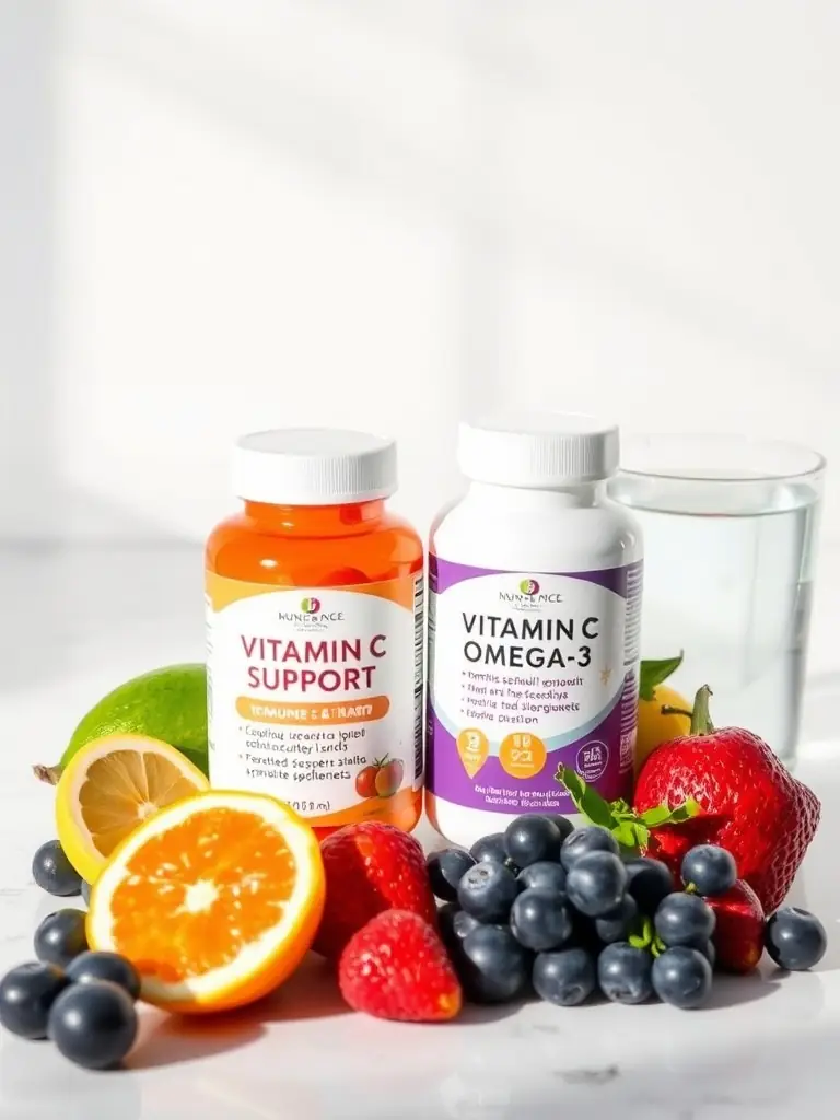 A person smiling confidently while holding a glass of fresh juice, surrounded by immune-boosting fruits and herbs, representing the immune system support provided by Yireh Vital.
